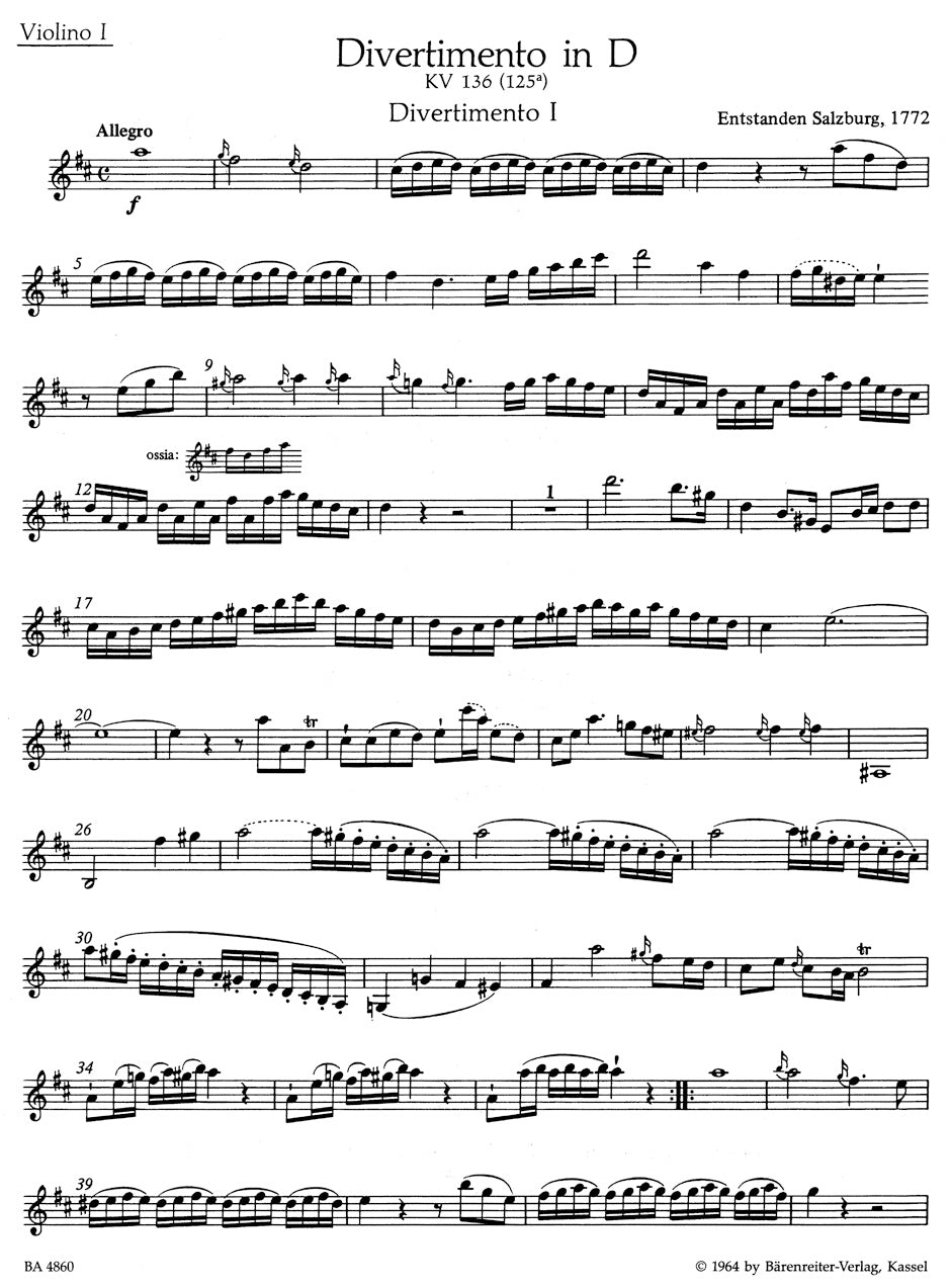3 Divertimenti K. 136-138 for String Quartet