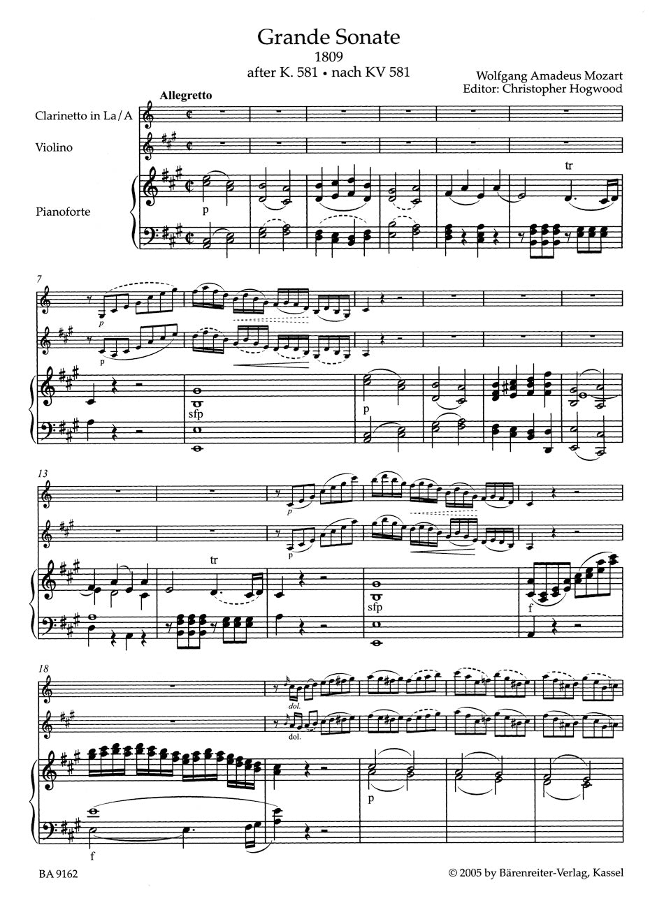 Grande Sonate. Arranged after the Clarinet Quintet K. 581
Edition for Clarinet in A (or Violin) and Piano