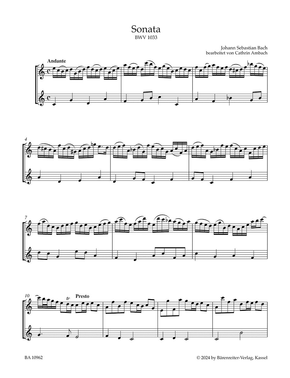 Three Sonatas for Flute and Harpsichord (obbligato) or Bc. BWV 1033, 1031, 1020 arranged for two Flutes