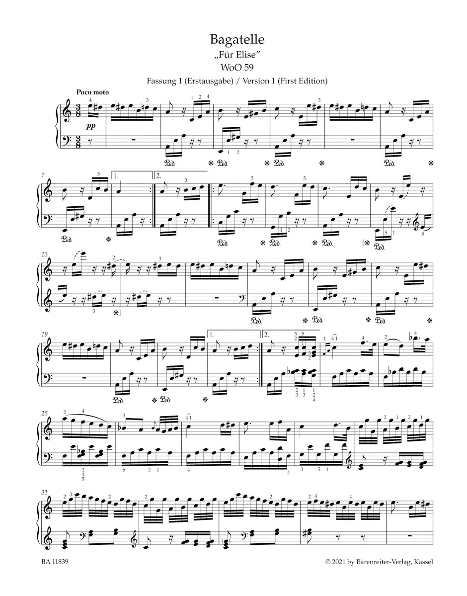 Bagatelle for Piano in A minor WoO 59
"Fur Elise"