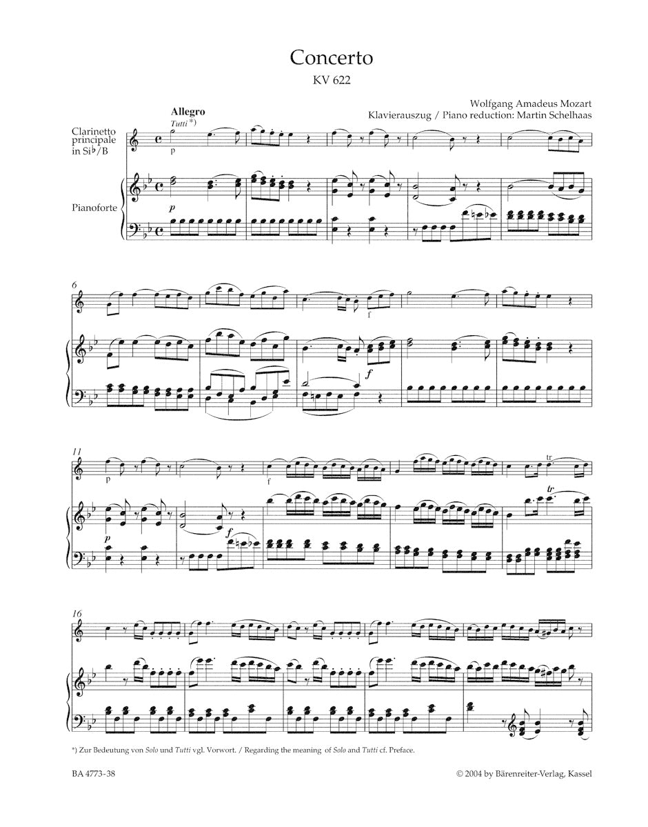 Concerto K. 622. Transposed version into B-flat maj for Bb Clarinet & Piano