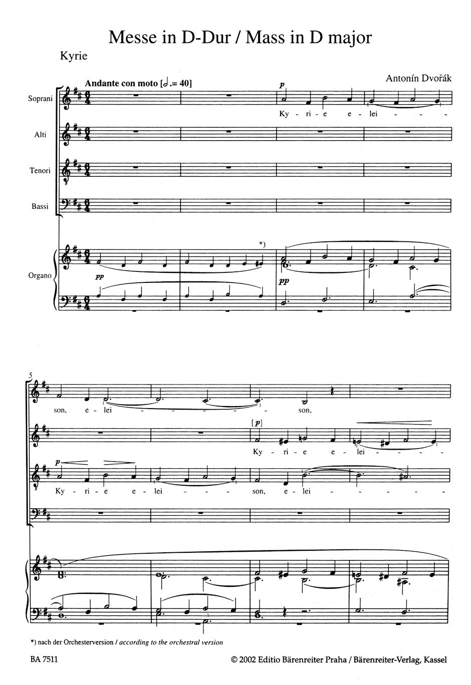 Mass in D maj op. 86. Arranged for Solo Voices, Chorus and Organ