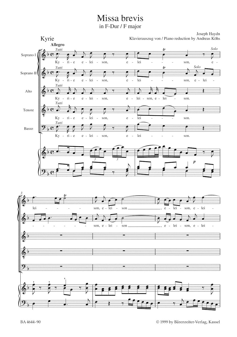 Missa brevis in F maj. Hob. XXII:1 for Soloists (SS), Choir (SATB), Orchestra and Organ