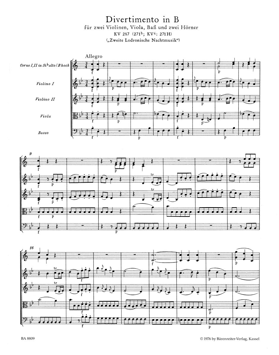 Divertimento in B-flat maj K. 287 for two Horns, two Violins, Viola and Bass "Zweite Lodronische Nachtmusik"