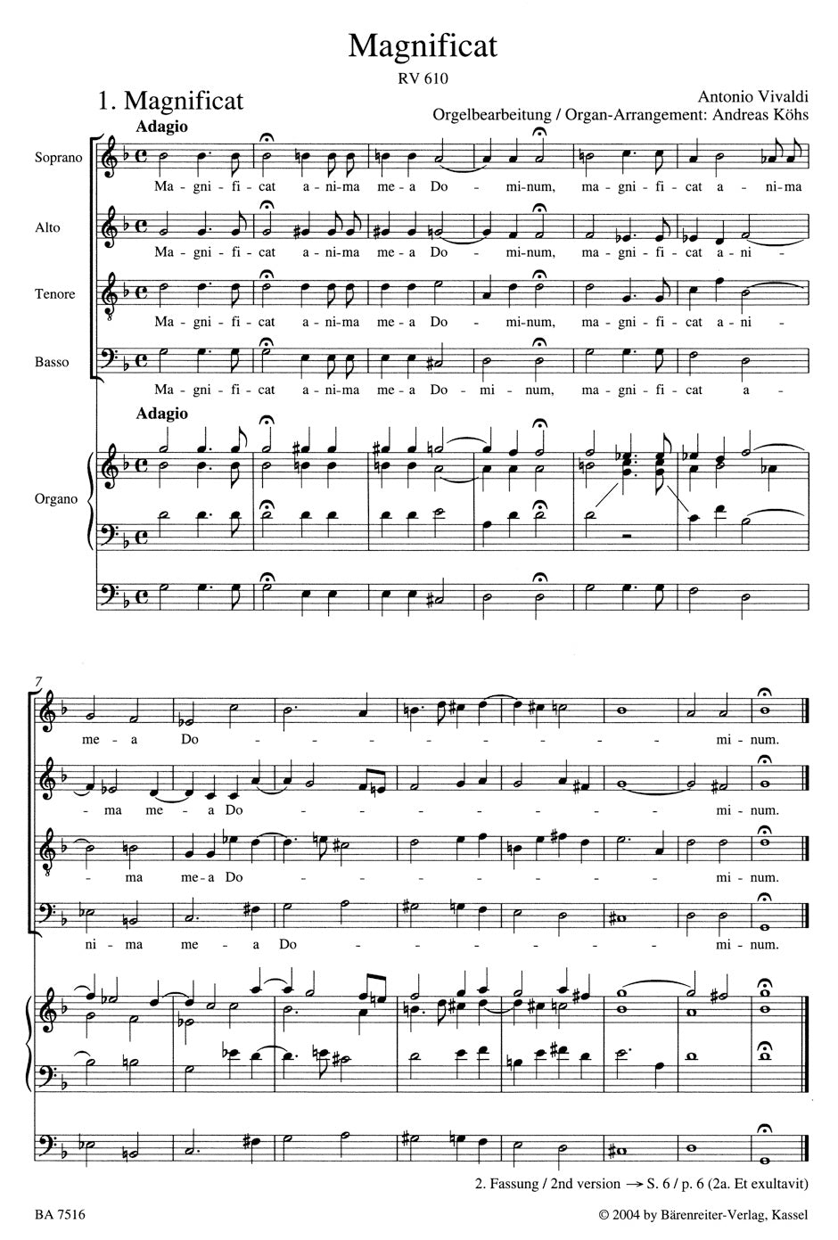 Magnificat RV 610/611. Arranged for Solo Voices, chorus and Organ