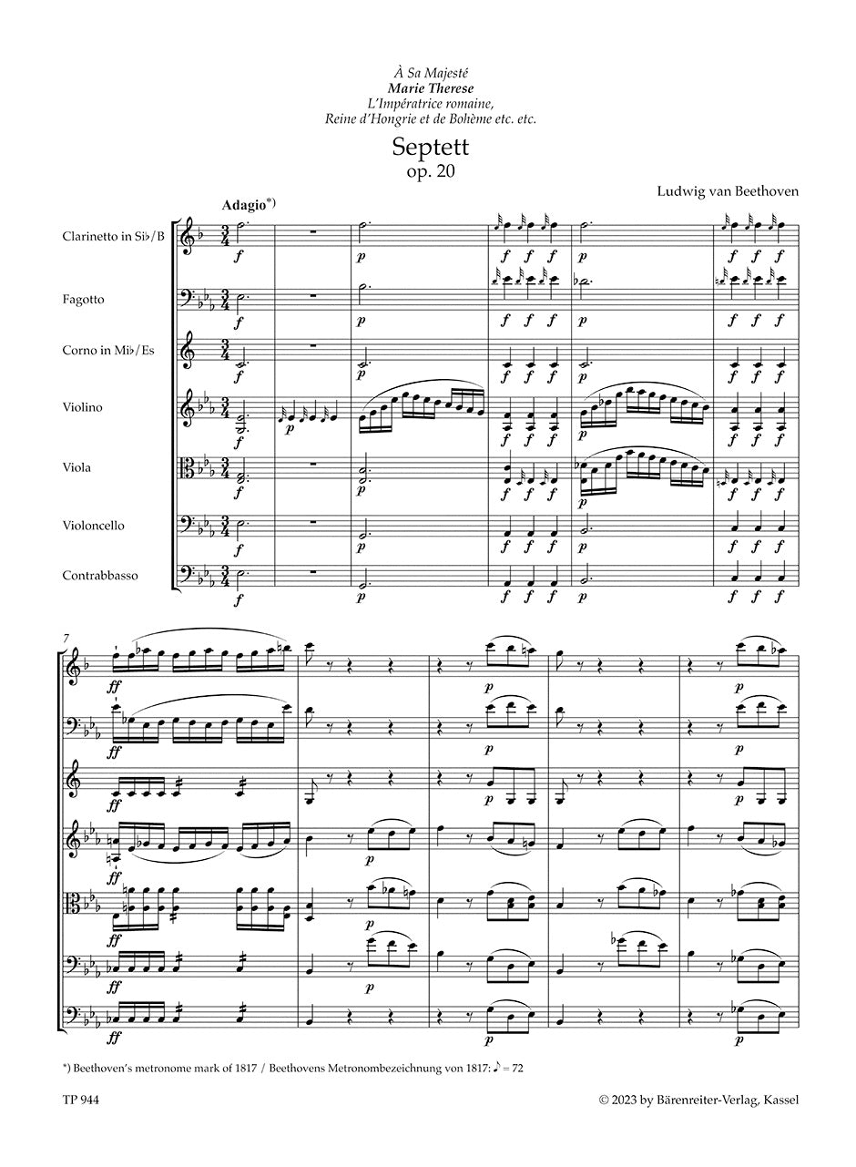 Septet in E-flat maj op. 20 for Clarinet, Bassoon, Horn, Violin, Viola Violoncello and Double bass
