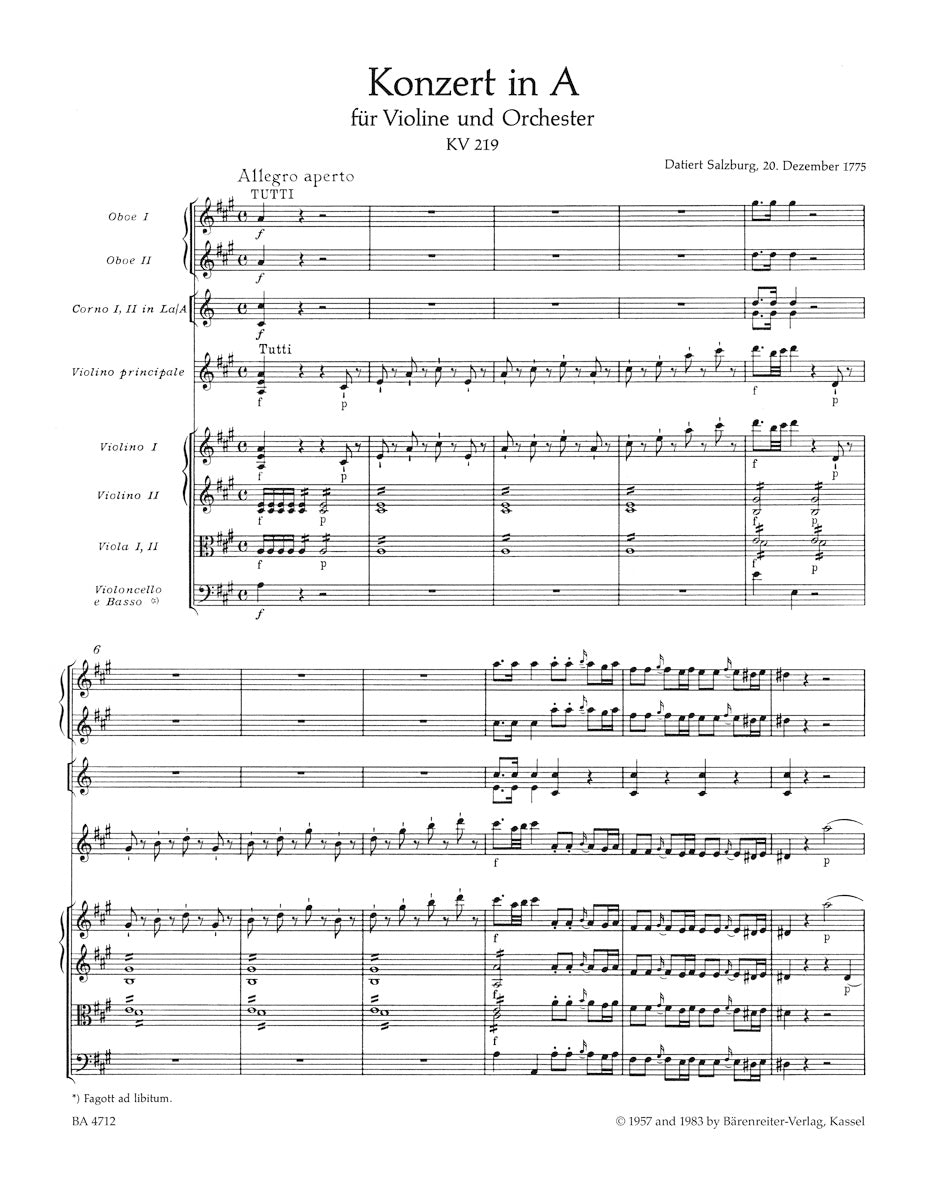 Concerto No. 5 in A maj K. 219 for Violin and Orchestra