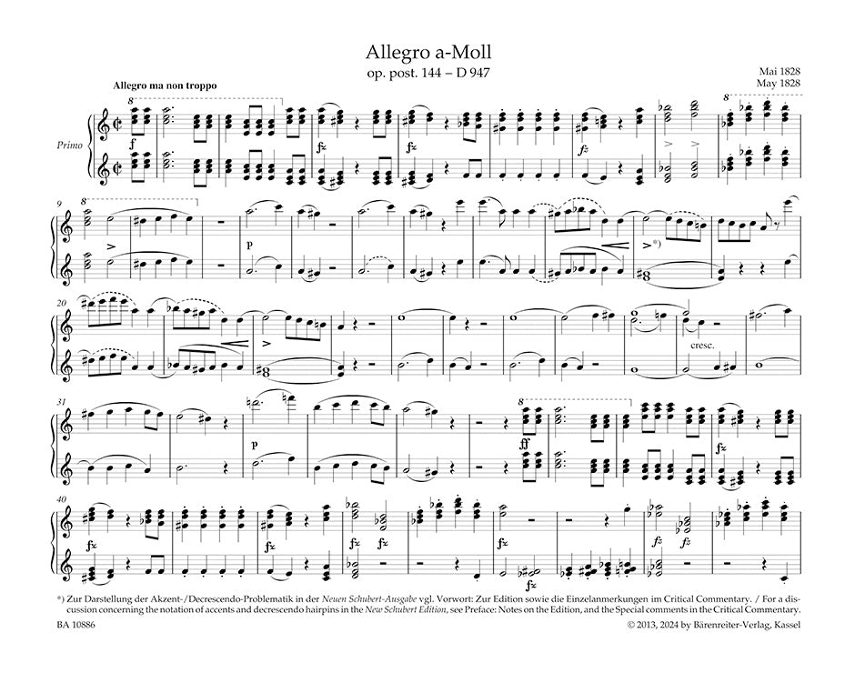 Allegro in E min op. post. 144 D 947 for Piano Four-Hands "Lebensstürme"