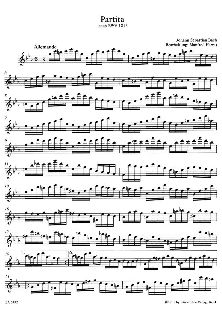 Partita in C min BWV1013 for treble Recorder. Based on the partita for solo Flute
