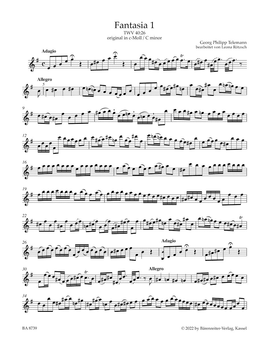 Twelve Fantasias TWV 40:26-37 for Viola da Gamba without Bass arranged for Flute solo