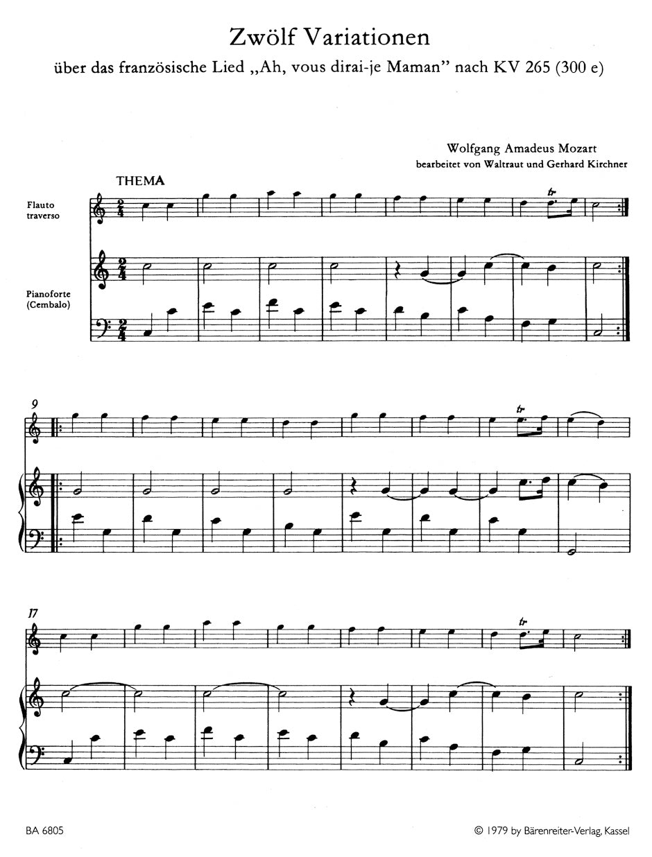 Twelve Variatios on "Ah, vous dirai-je Maman" after K. 265 (300e) for Flute and Piano (Harpsichord)