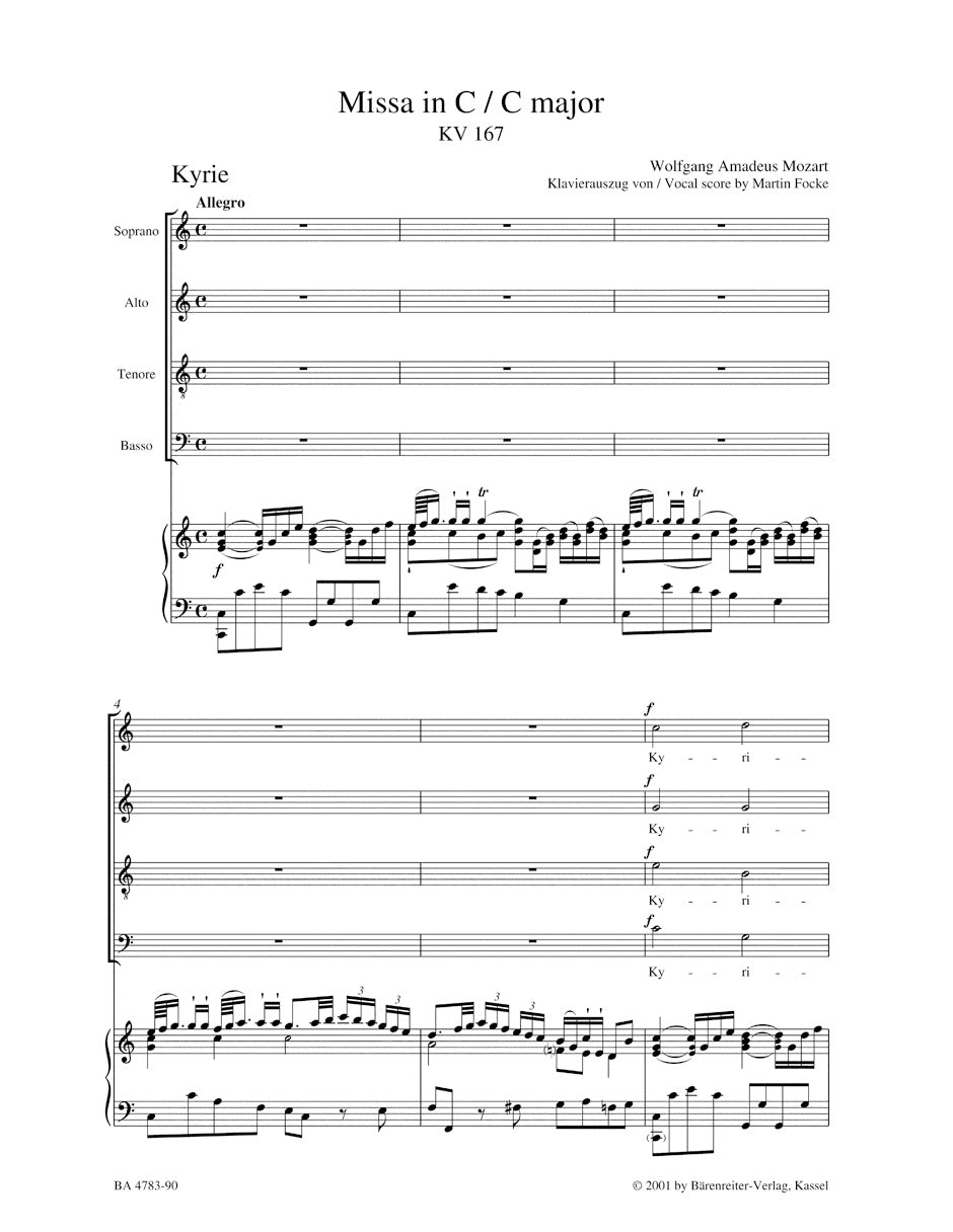 Missa in C maj "Trinity Sunday Mass" 
K. 167 for Choir (SATB), Orchestra and Organ