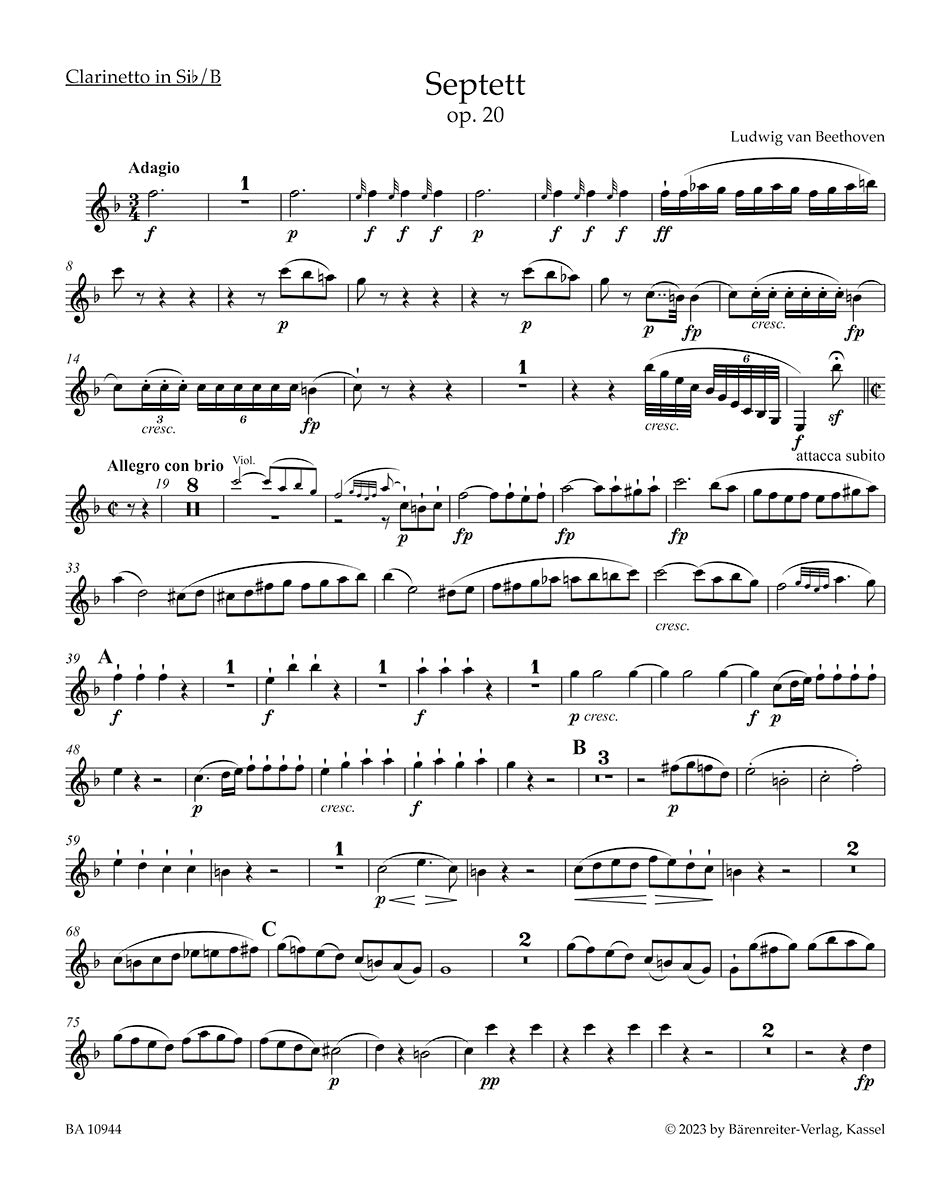 Septet in E-flat maj op. 20 for Clarinet, Bassoon, Horn, Violin, Viola Violoncello and Double bass