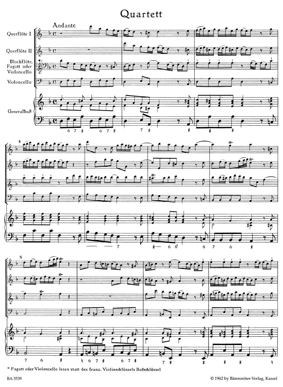 Quartet in D min for two Flutes, Recorder (Basso, Violoncello ), Violoncello and Basso continuo TWV 43:d1