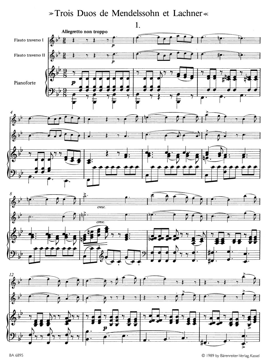 Trois Duos de Mendelssohn et Lachner based on song arrangements
for 2 Flutes and Piano