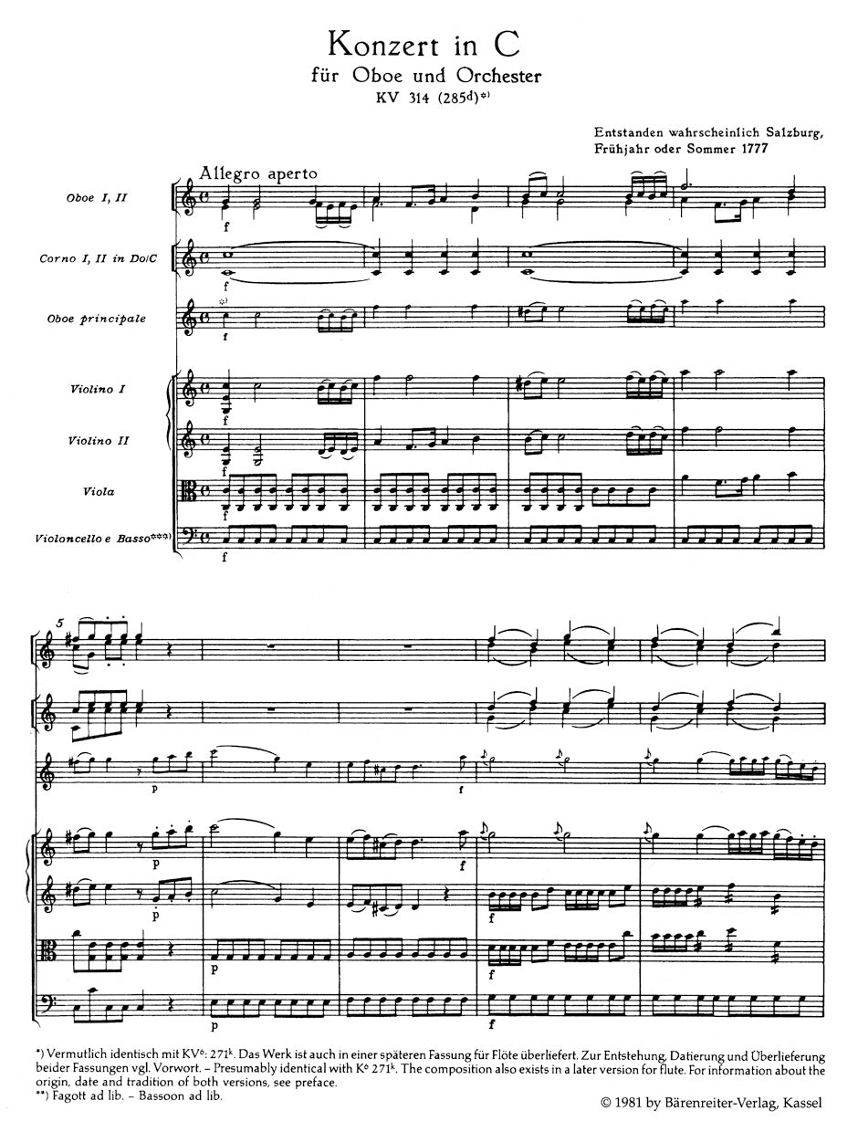 Oboe Concerto in C maj K. 314 (285d)