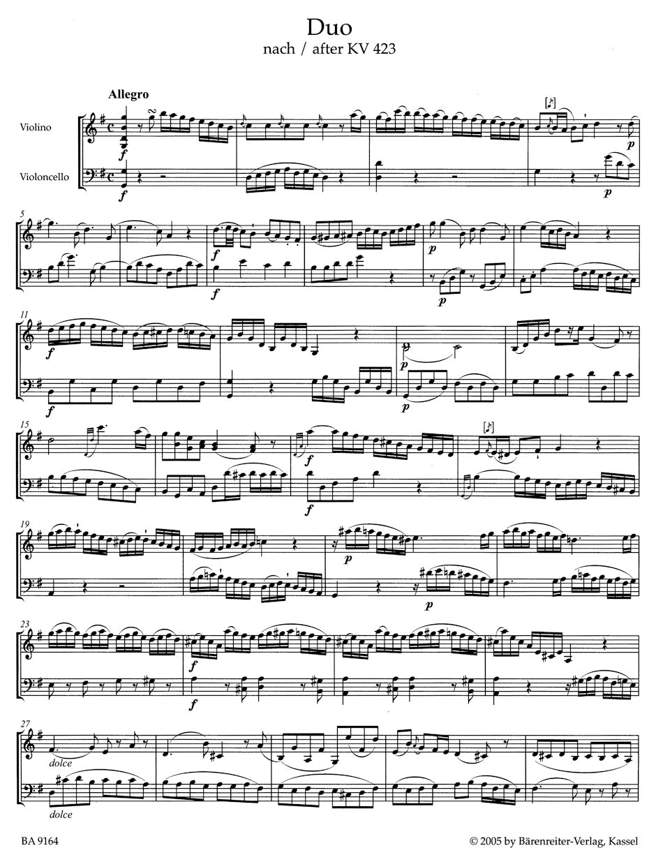 Duos for Violin and Violoncello after 
K. 423, 424