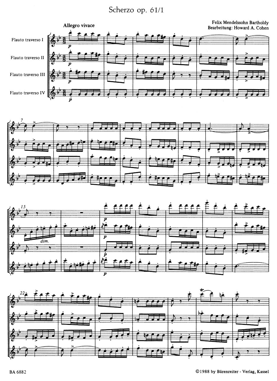 Scherzo from "A Midsummer Night's Dream" arranged for four Flutes