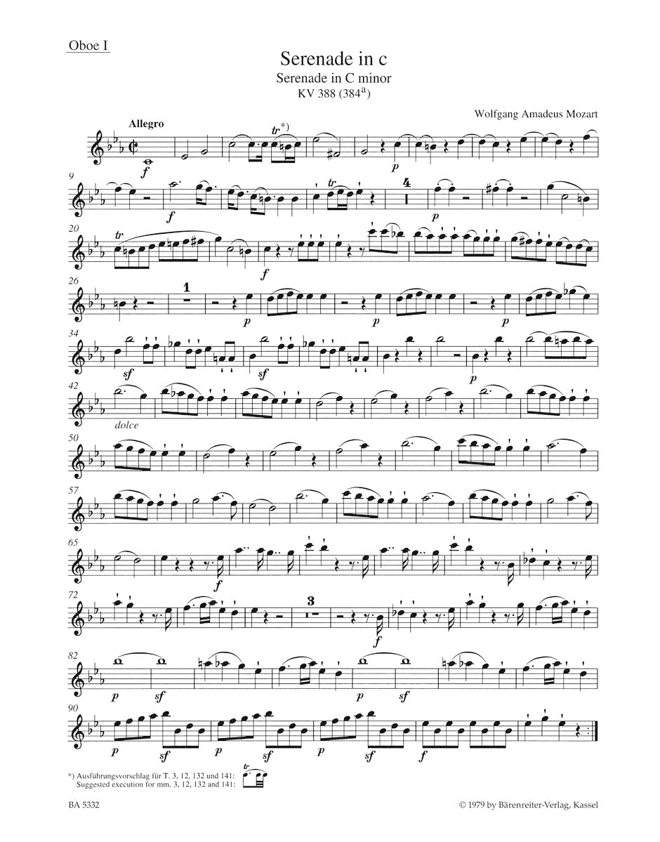 Serenade in C min K. 388 (384a) for two Oboes, two Clarinets, two horns and two Bassoons