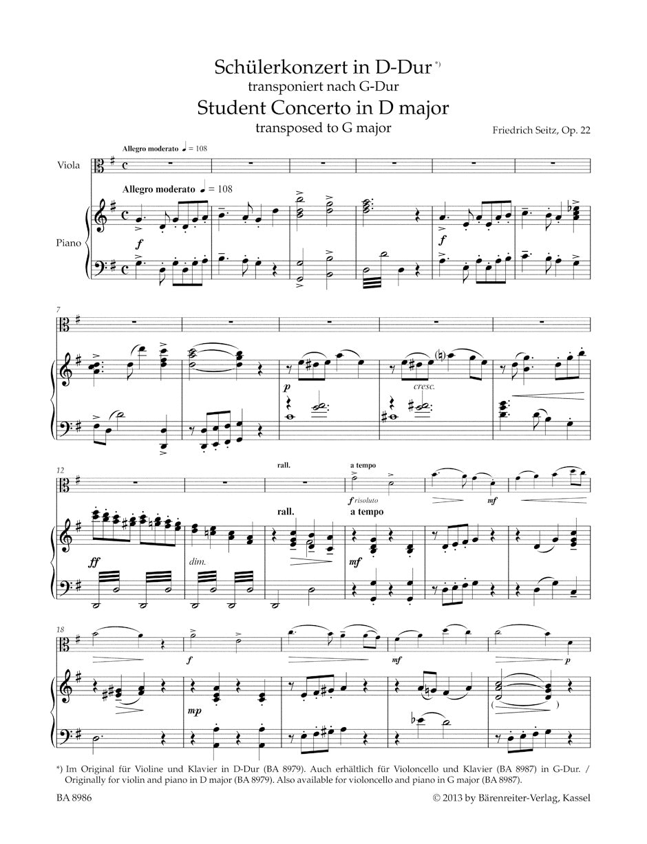 Student Concerto in D maj op. 22
Transposed to G maj and arranged for Viola