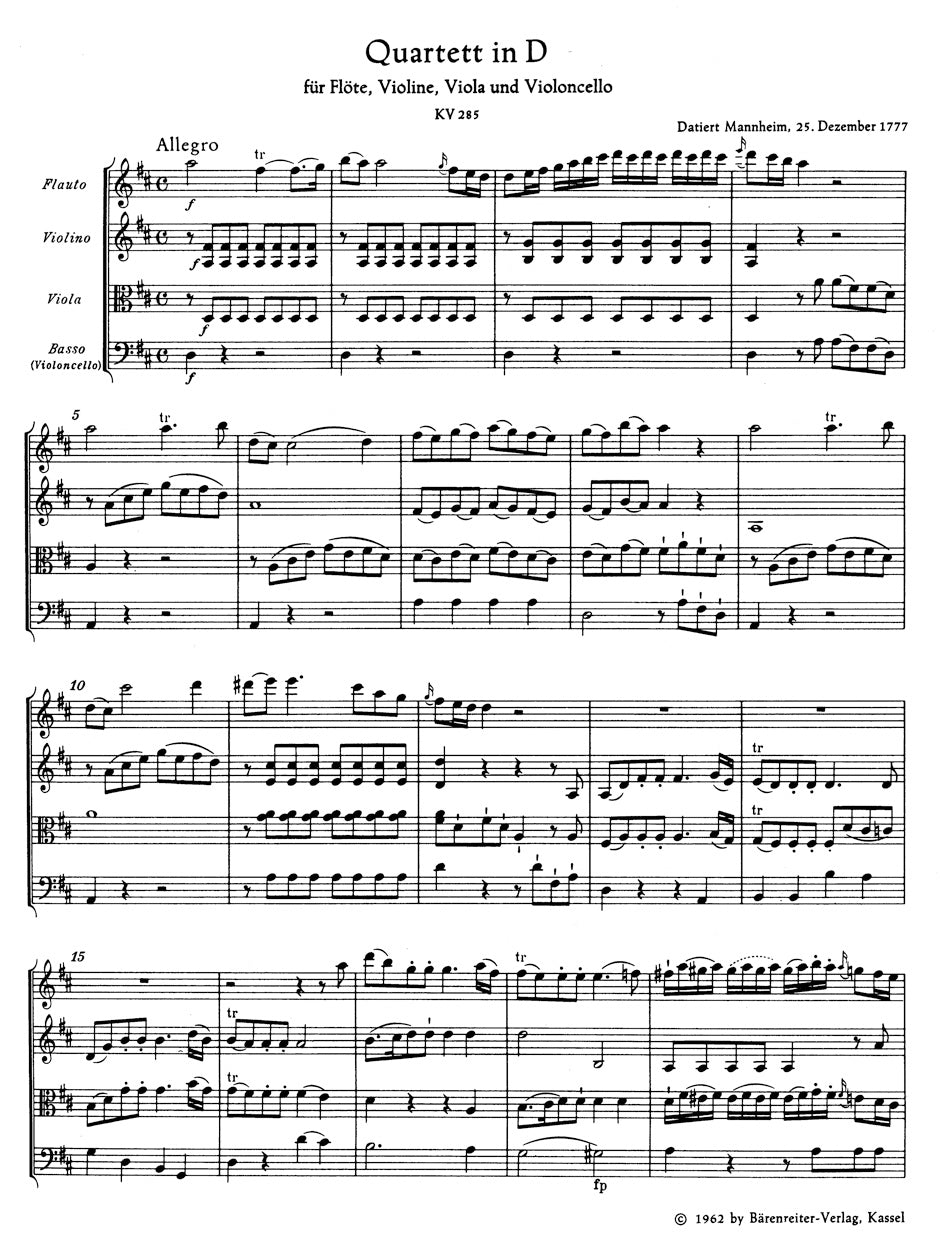 Quartets K. 285, 285a, Anh. 171, 298 for Flute, Violin, viola and violoncello