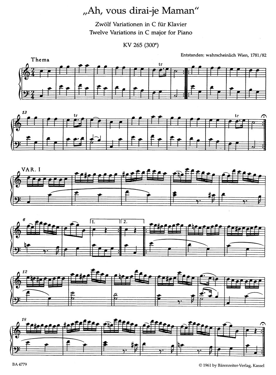Ah, vous dirai-je, Maman. 
12 Variations in C maj K. 265 (300e)