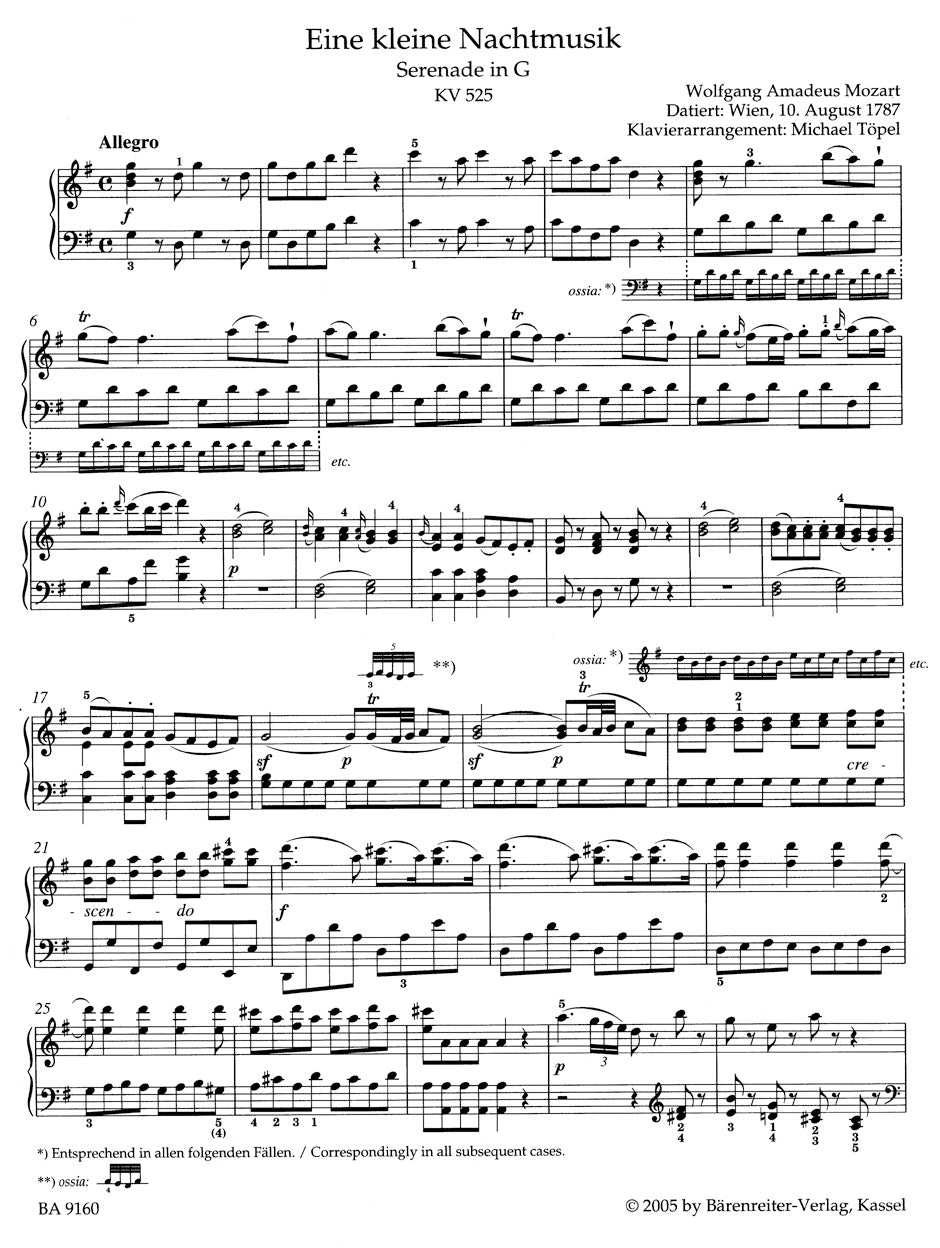 Eine kleine Nachtmusik K. 525.
Arranged for Piano by M. Topel.
