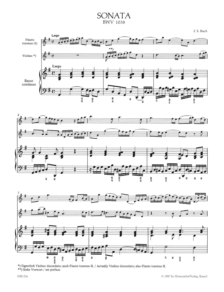Trio Sonata in G maj BWV 1038 for Flute, Violin (or two Flutes) and Bc