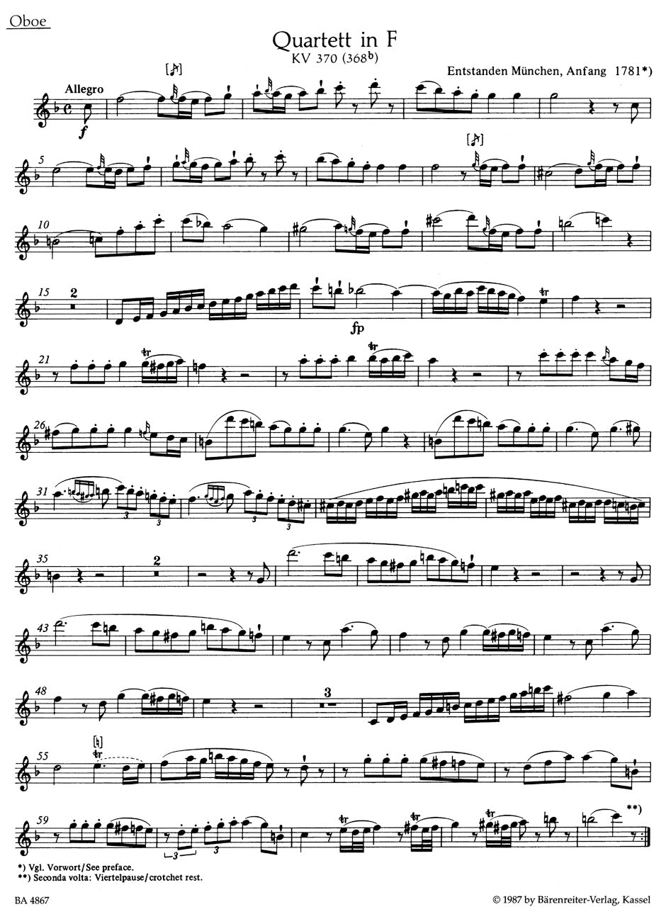 Quartet in F maj K. 370 for Oboe, Violin, Viola and Violoncello