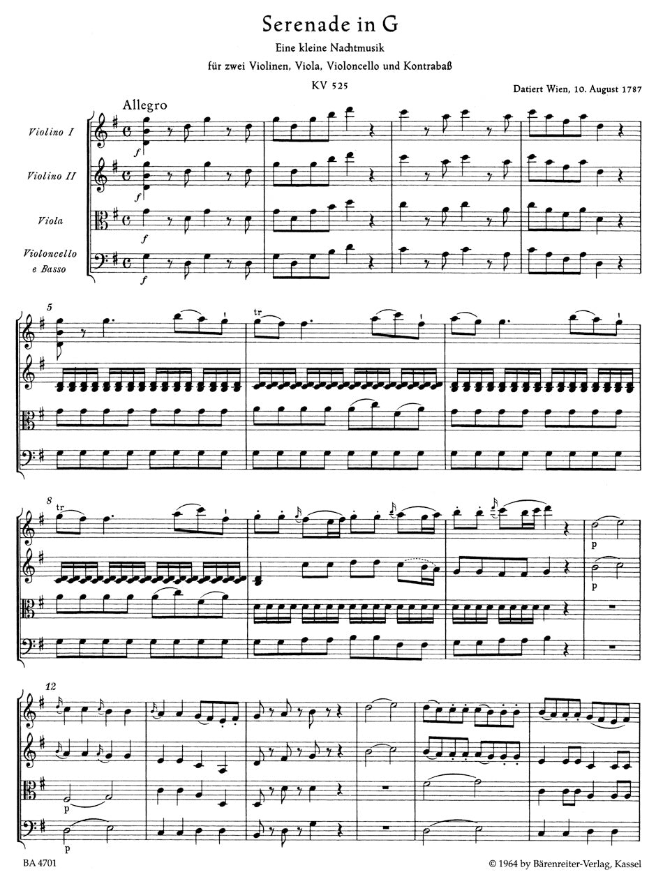 Eine kleine Nachtmusik in G maj K. 525 
for String Quartet (-Quintet) or String Orchestra