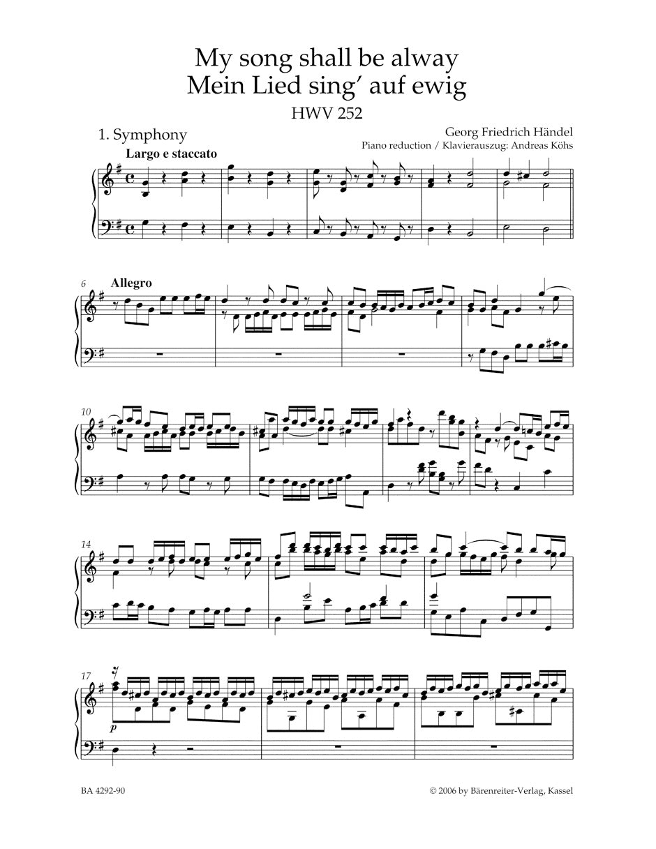 My song shall be alway HWV 252 for Soloists (SATB), Choir (SATB), Oboe, strings and Bc