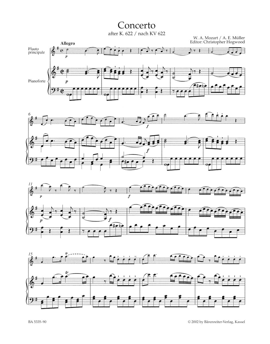 Concerto for Flute and Orchestra (1801) in G maj after the Clarinet Concerto K. 622
