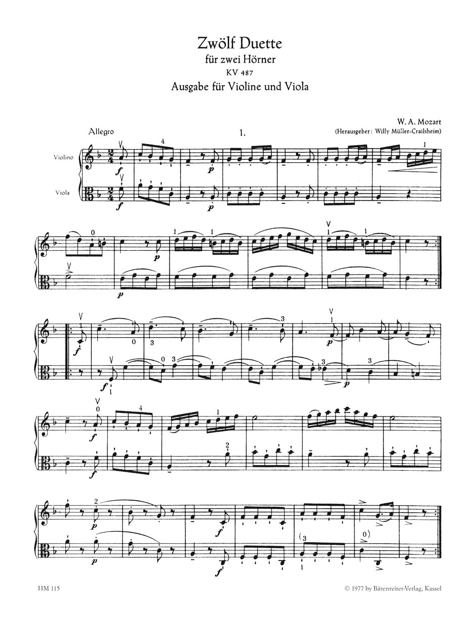 Twelve Duets K. 487 for two Horns. Arranged for Violin and Viola