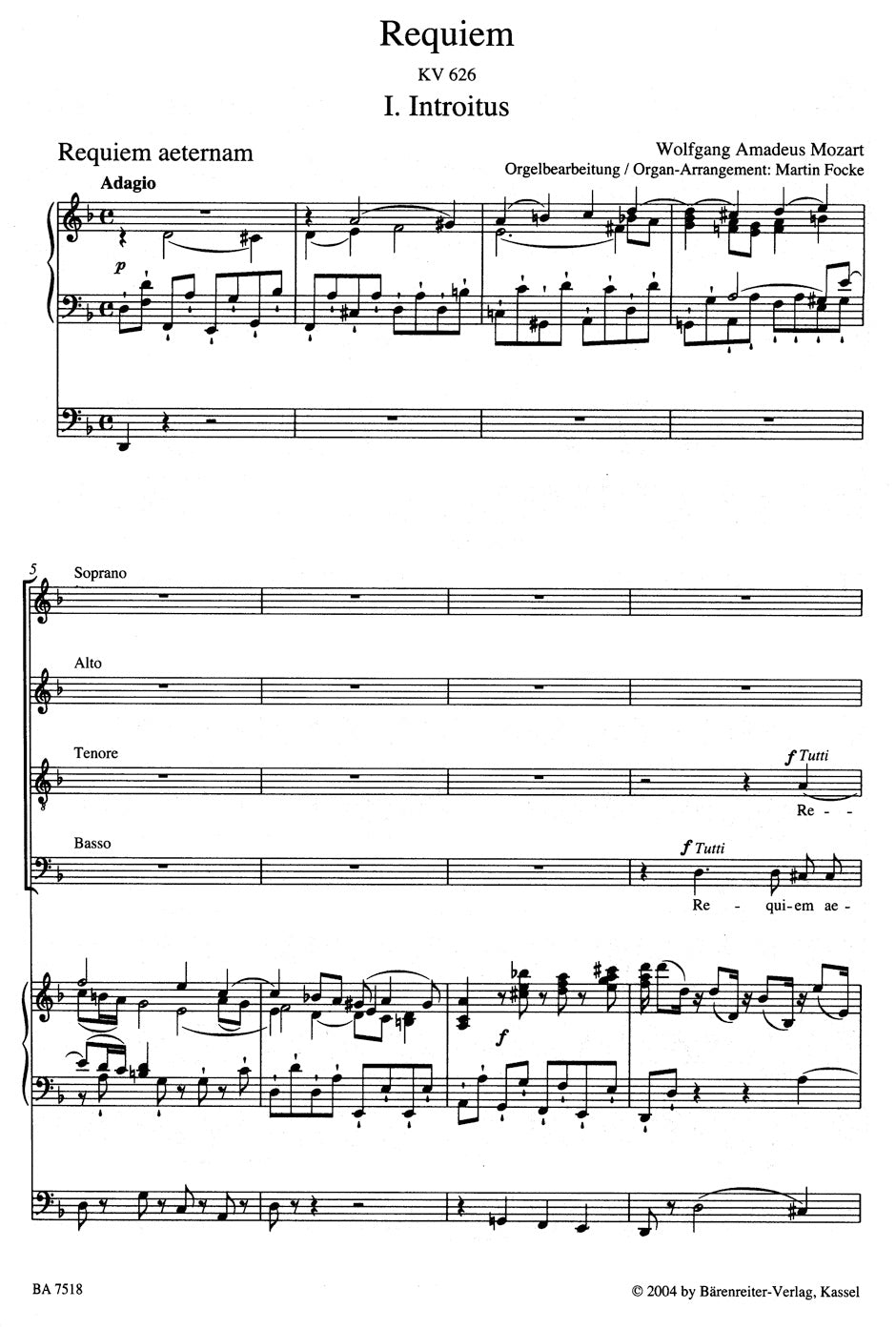 Requiem K. 626. Arranged for Soloists, Choir and Organ.